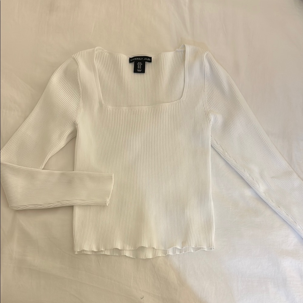 White Ribbed Long Sleeve Top